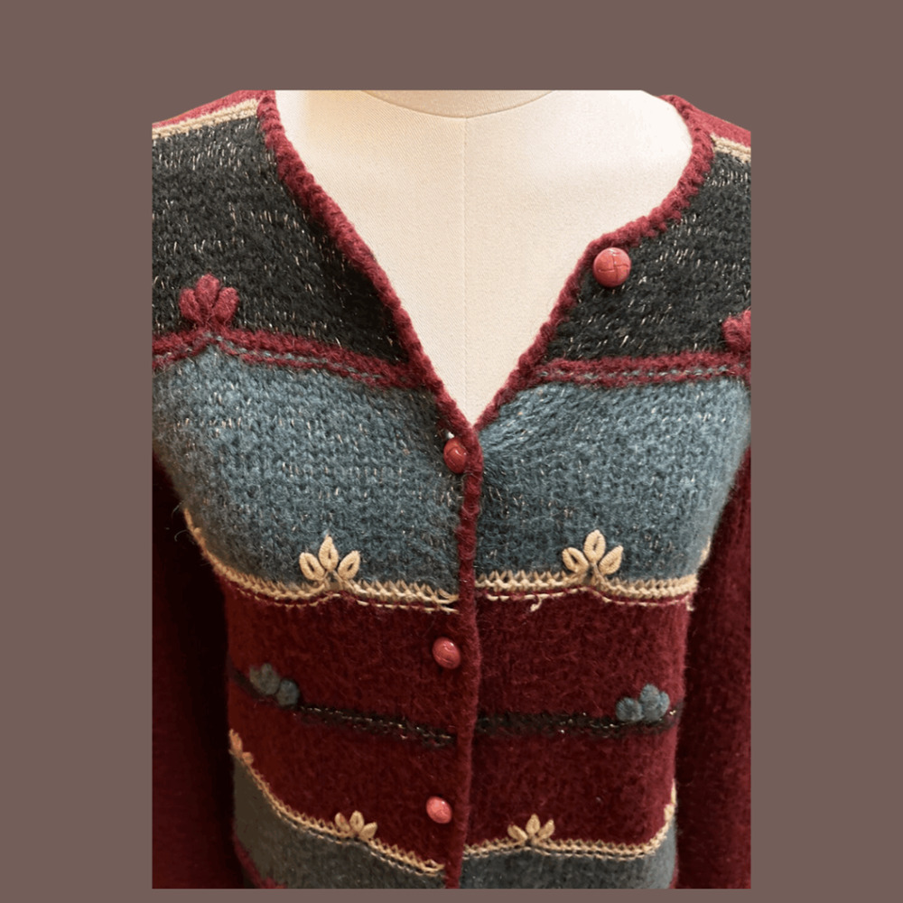 Flocks Sheep Cardigan | Burgundy Knit Embroidery | Size S | Vintage - Picture 4 of 4